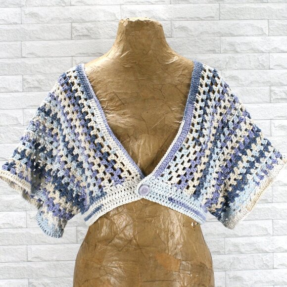 HAND CRAFTED Cardigan Sweater Cropped Crochet Striped Blue Denim Granny Square - Picture 1 of 11
